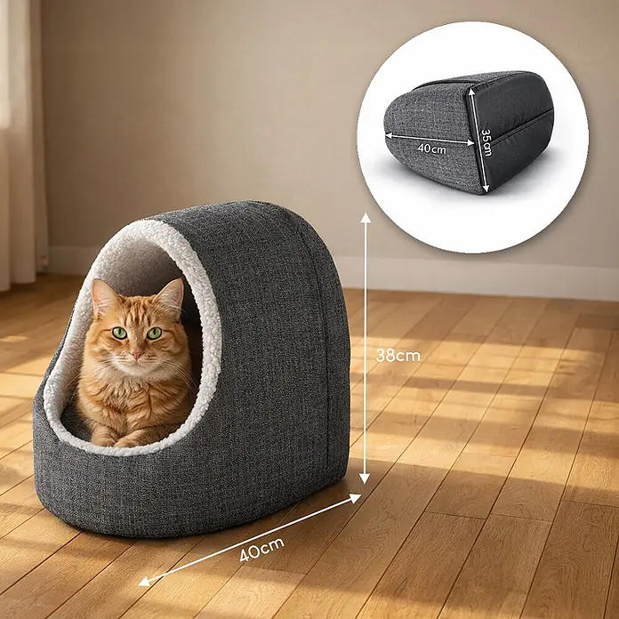 belviona Haustierbett - 40 x 35 x 38 cm, Polyester, dunkelgrau - Dunkelgraues Katzenhöhlenbett mit flauschigem Innenfutter, 40x38cm, mit einer Katze. Gefaltet: 40x35cm.