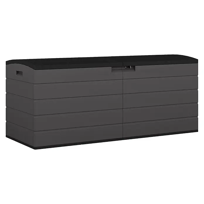 Suncast Auflagenbox - 150 x 61 x 64 cm, Kunststoff, Anthrazit, Geteilter Deckel - Dunkelgraue Kunststoff-Outdoor-Aufbewahrungsbox mit schwarzem Deckel, strukturierter Oberfläche und integrierten Griffen.