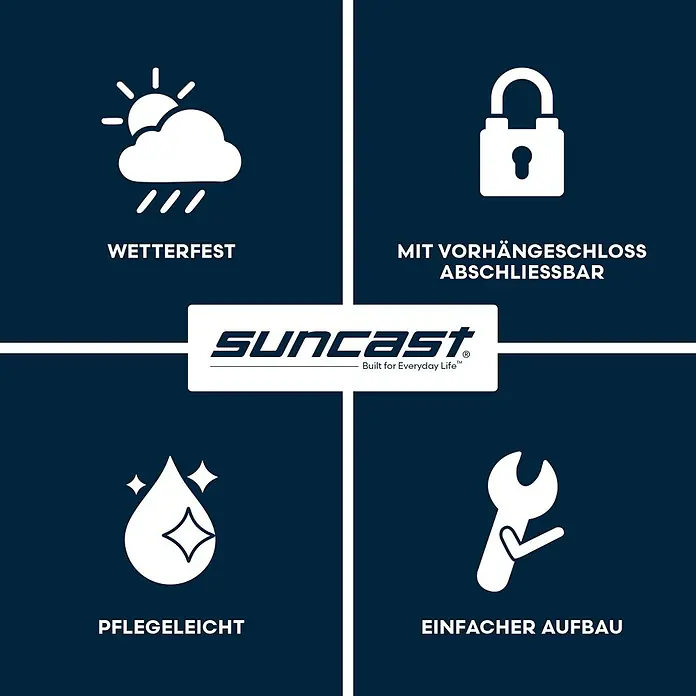 Suncast Auflagenbox - 150 x 61 x 64 cm, Kunststoff, Anthrazit, Geteilter Deckel - Eine Grafik mit vier Symbolen für Suncast-Produkte: wetterfest, abschließbar, pflegeleicht und einfacher Aufbau, mit Suncast-Logo.
