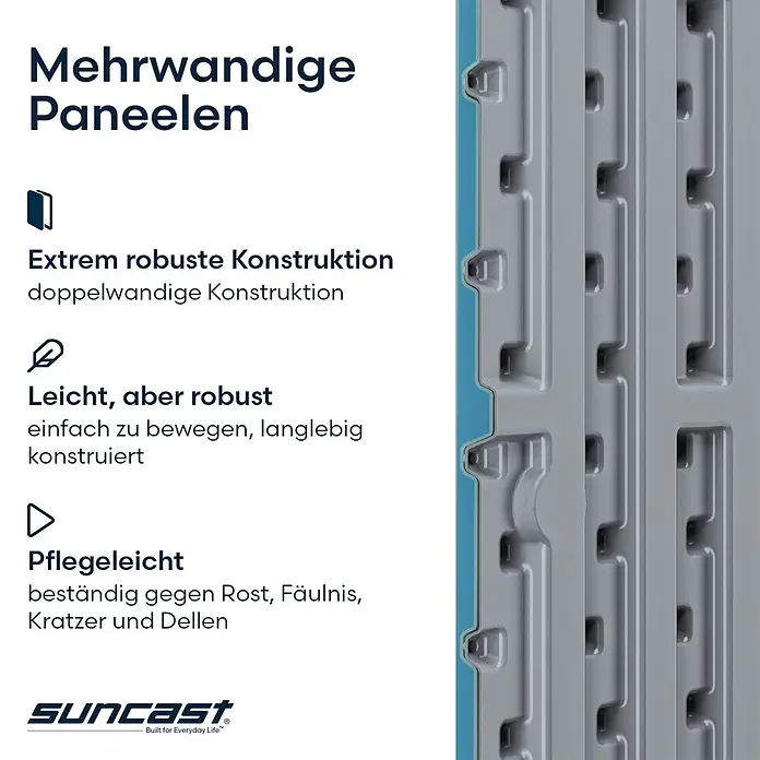 Suncast Auflagenbox - 150 x 61 x 64 cm, Kunststoff, Anthrazit, Geteilter Deckel - Nahaufnahme einer grauen, mehrwandigen Kunststoffplatte, die ihre robuste Doppelwandkonstruktion zeigt.