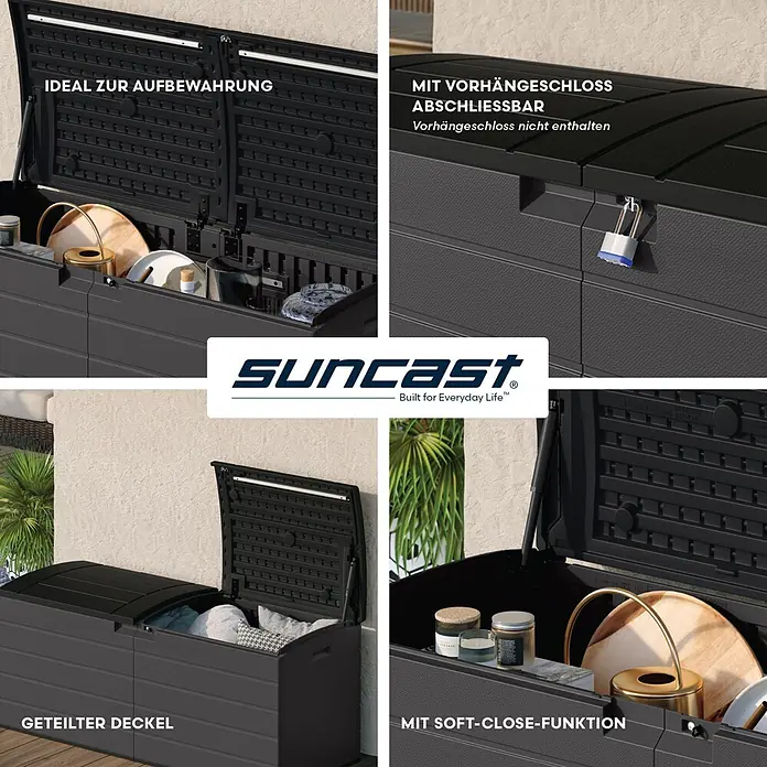 Suncast Auflagenbox - 150 x 61 x 64 cm, Kunststoff, Anthrazit, Geteilter Deckel - Dunkelgraue Outdoor-Aufbewahrungsbox mit geteiltem, abschließbarem Soft-Close-Deckel für verschiedene Gegenstände.
