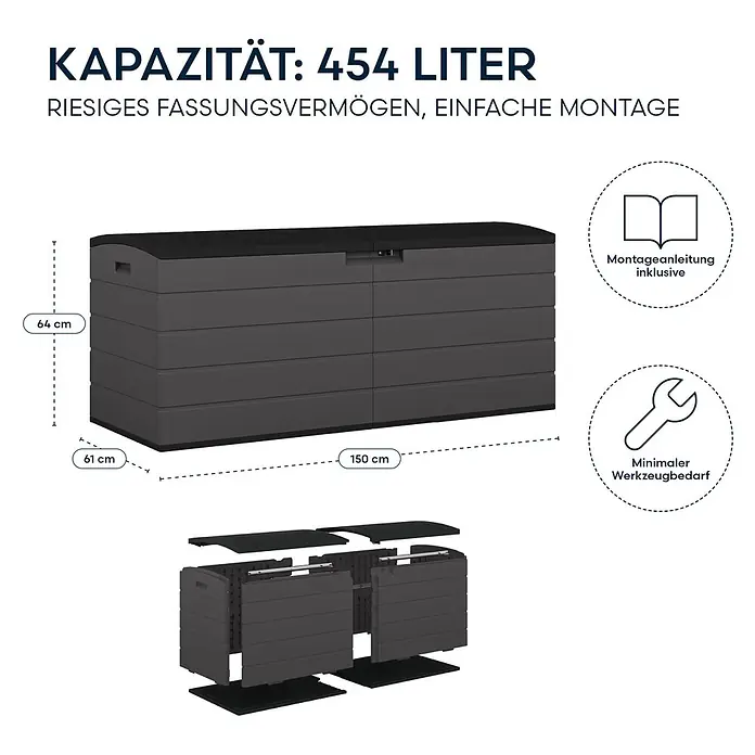 Suncast Auflagenbox - 150 x 61 x 64 cm, Kunststoff, Anthrazit, Geteilter Deckel - Dunkelgraue 454-Liter Outdoor-Aufbewahrungsbox, 150x61x64 cm, mit einfacher Montage und minimalem Werkzeugbedarf.