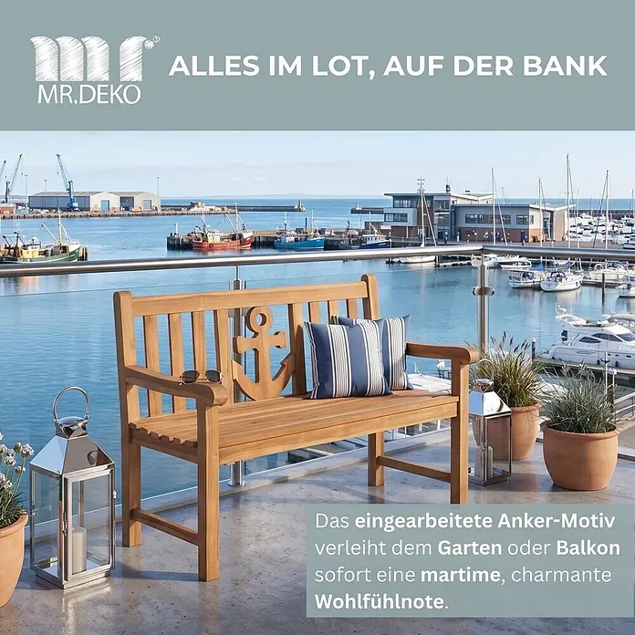 Bene Living Gartenbank Anker - Teakholz, Natur - Teakholz-Gartenbank mit Anker-Motiv und gestreiften Kissen, für maritimes Flair in Garten oder auf dem Balkon.