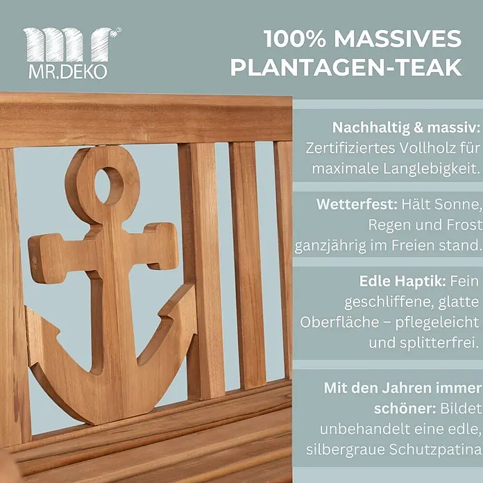 Bene Living Gartenbank Anker - Teakholz, Natur - Gartenbank aus massivem Plantagenteakholz mit Anker-Rückenlehne, langlebig und wetterfest.