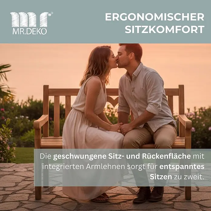 Bene Living Gartenbank Herz - Teakholz, Natur - Holzbank mit geschwungener Sitzfläche und Armlehnen, ergonomisch für zwei Personen im Freien.