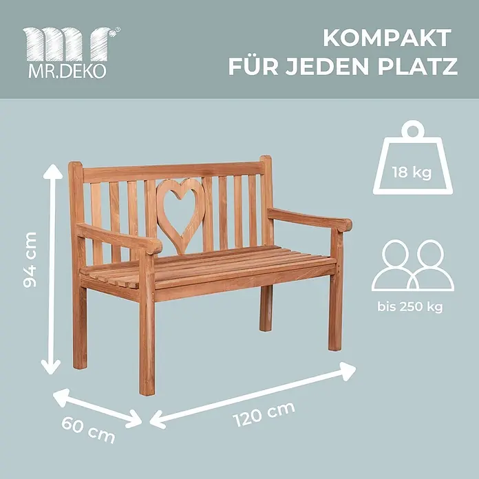 Bene Living Gartenbank Herz - Teakholz, Natur - Holzbalken mit Herzlehne, B120xH94xT60cm, 18kg, bis 250kg Belastbarkeit.