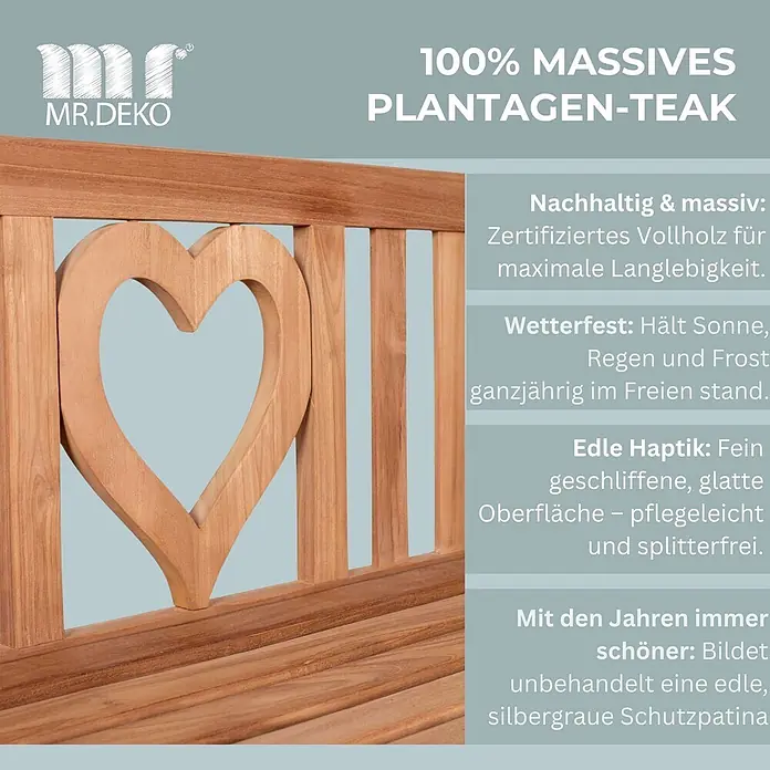 Bene Living Gartenbank Herz - Teakholz, Natur - Gartenbank aus massivem Teakholz mit dekorativer herzförmiger Rückenlehne.