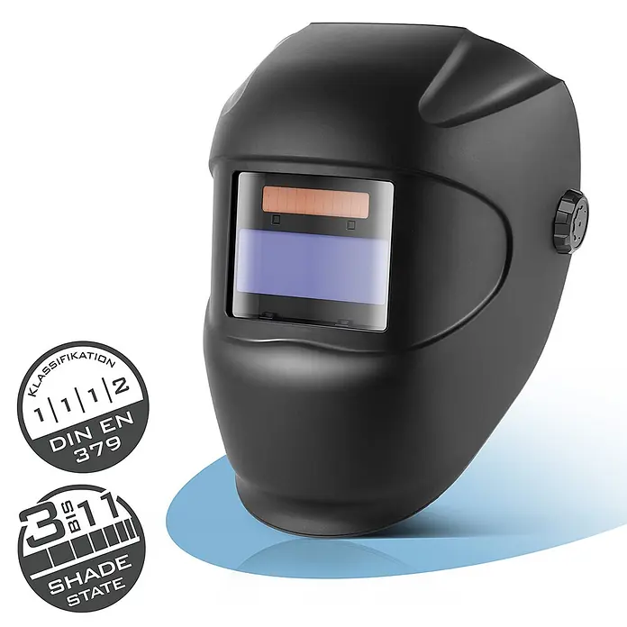 Automatik Schweißhelm ROOKIE Schweißschild Schweißermaske DIN 3 DIN 11 -  - Schwarzer Automatik-Schweißhelm mit selbstverdunkelndem Sichtfenster und Seitenknopf.