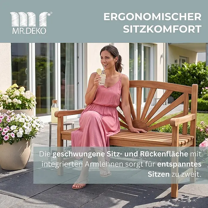 Gartenbank Sonne Teak 120cm -  - Holzgartenbank mit ergonomischer, geschwungener Sitz- und Rückenfläche und integrierten Armlehnen, für Entspannung im Freien.