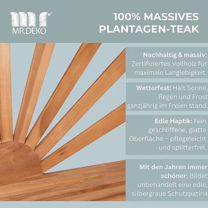 Gartenbank Sonne Teak 120cm -  - Detail strahlenförmiger Leisten aus 100% massivem Plantagen-Teakholz, das seine natürliche Maserung und Farbe hervorhebt.