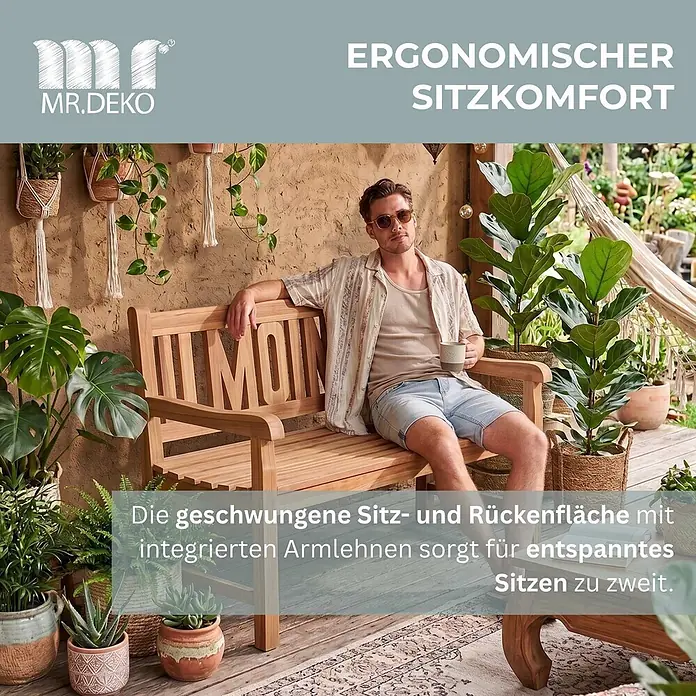 Gartenbank Moin Teak 120cm -  - Hölzerne Gartenbank mit ergonomisch geschwungener Sitz- und Rückenfläche, integrierten Armlehnen für entspanntes Sitzen zu zweit.