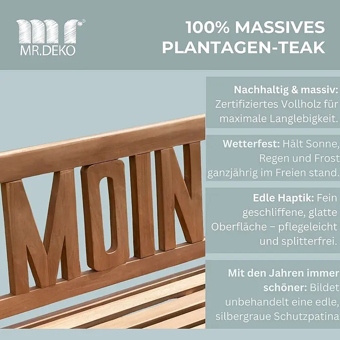 Gartenbank Moin Teak 120cm -  - Teakholzbank mit "MOIN"-Gravur in der Rückenlehne, die natürliche Maserung und Witterungsbeständigkeit zeigt.
