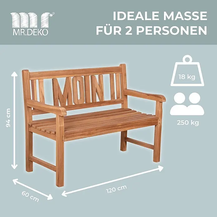 Gartenbank Moin Teak 120cm -  - Holzgartenbank mit "MOIN"-Schnitzerei in der Rückenlehne, zeigt 18kg Gewicht, Maße und 250kg Traglast für 2 Personen.