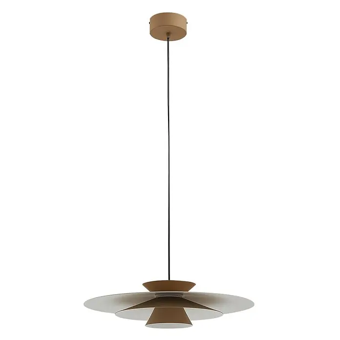 Lucande Pendelleuchte Livie - creme / amber, beige, weiß matt - Moderne Pendelleuchte mit beigem Baldachin, schwarzem Kabel und mehrschichtigem Schirm aus beigen und helleren Scheiben.
