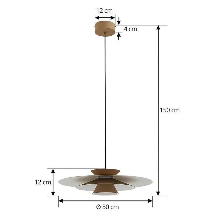 Lucande Pendelleuchte Livie - creme / amber, beige, weiß matt - Sandfarbene Hängelampe mit mehrschichtigem Schirm und Deckenrosette. H: 150cm, Schirm Ø: 50cm.