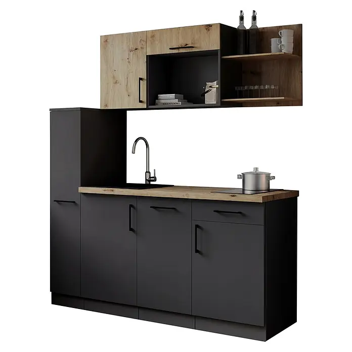 Respekta Oliver Singleküche - Breite: 175 cm, Höhe: 200 cm, Grau/Holz, Kochfeld | Geschirrspüler - Moderne dunkelgraue und holzfarbene Küchenzeile mit Spüle, Wasserhahn und Kochfeld.