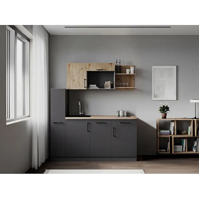 Respekta Oliver Singleküche - Breite: 175 cm, Höhe: 200 cm, Grau/Holz, Kochfeld | Geschirrspüler - Moderne Küchenzeile mit dunkelgrauen und hellen Holzschränken, Arbeitsplatte, Spüle und Kochfeld.