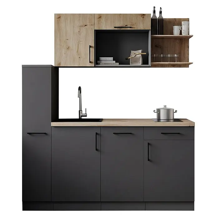 Respekta Oliver Singleküche - Breite: 175 cm, Höhe: 200 cm, Grau/Holz, Kochfeld | Geschirrspüler - Moderne Küche mit dunkelgrauen Unterschränken, hellen Holz-Arbeitsplatten und Oberschränken. Mit Spüle, Wasserhahn und Kochfeld.