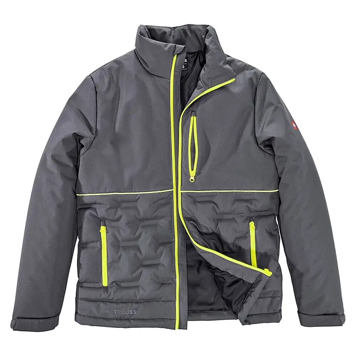 Engelbert Strauss e.s.line.core Arbeitsjacke - XL, Grau - Graue, wattierte Herrenjacke mit neongelben Reißverschlüssen und Designelementen.