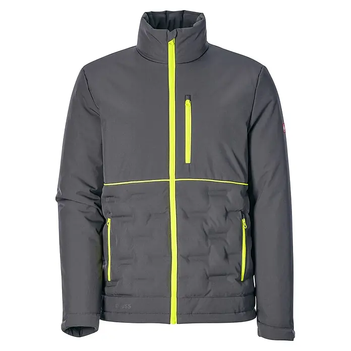 Engelbert Strauss e.s.line.core Arbeitsjacke - XL, Grau - Dunkelgraue Jacke mit leuchtend neongelben Reißverschlüssen und Akzenten, mit hohem Kragen und gesteppter Vorderseite unten.