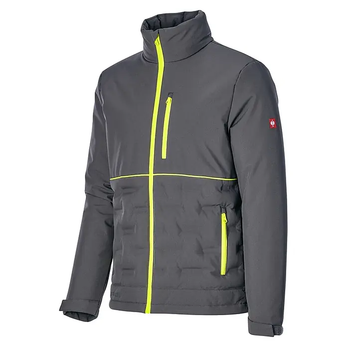 Engelbert Strauss e.s.line.core Arbeitsjacke - XL, Grau - Dunkelgraue Funktionsjacke mit neongelben Reißverschlüssen und Zierleisten, hohem Kragen.