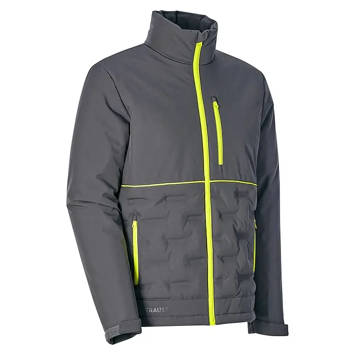 Engelbert Strauss Arbeitsjacke - L, Grau/Gelb - Graue Jacke mit neongelben Reißverschlüssen und hohem Kragen. Gepolsterte untere Vorderseite.