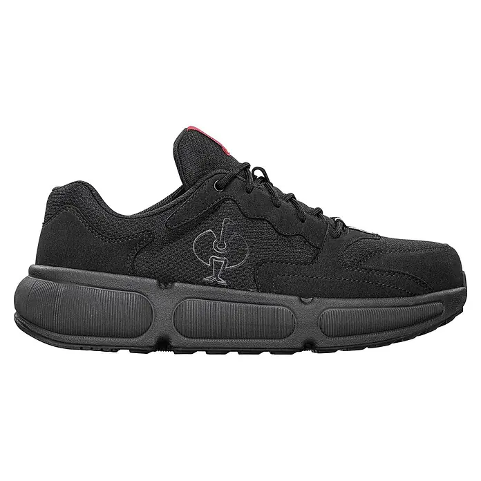 Engelbert Strauss Sicherheitshalbschuh S1 - 43, Herren, Schwarz - Schwarzer Sneaker mit dicker Sohle, rotem Akzent an der Zunge und sichtbarem Logo an der Seite.