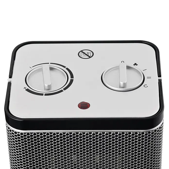 Corberó Calefactor cerámico CCPTCON1500N - Gris, 12,4 x 15 x 22,3 cm - Calefactor cerámico gris y negro con rejilla metálica, dos perillas de control plateadas y luz indicadora roja en la parte superior.