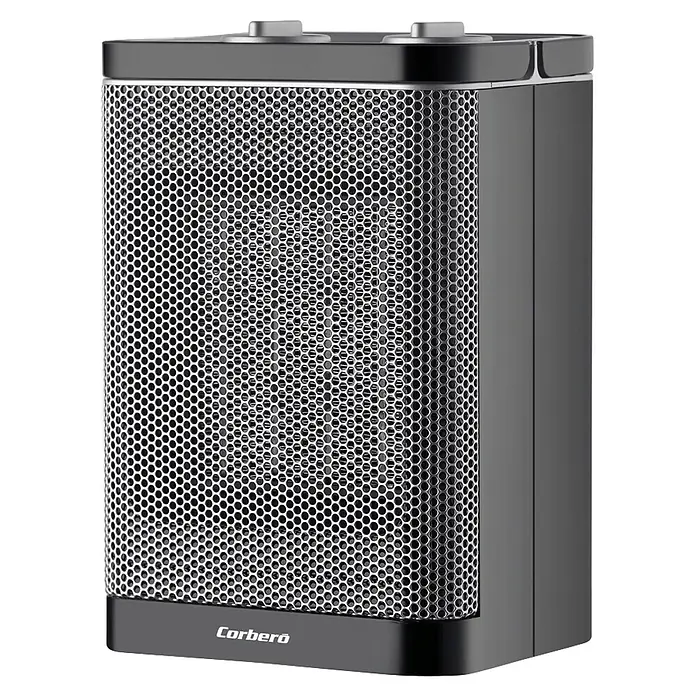Corberó Calefactor cerámico CCPTCON1500N - Gris, 12,4 x 15 x 22,3 cm - Calefactor eléctrico gris oscuro con rejilla de malla hexagonal en el frente y controles superiores.