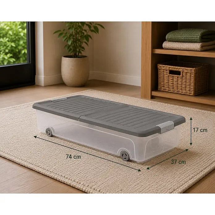 Ondis24 Unterbettbox - L x B x H: 74 x 37 x 16,5 cm, Kunststoff - Transparente Unterbett-Aufbewahrungsbox mit grauem Deckel und Rollen, L74xB37xH17 cm.