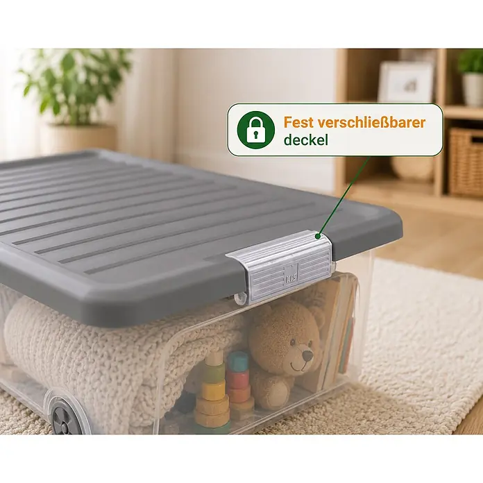 Ondis24 Unterbettbox - L x B x H: 74 x 37 x 16,5 cm, Kunststoff - Transparente Aufbewahrungsbox mit grauem, fest verschließbarem Deckel und Rollen, gefüllt mit Spielzeug und Decke.