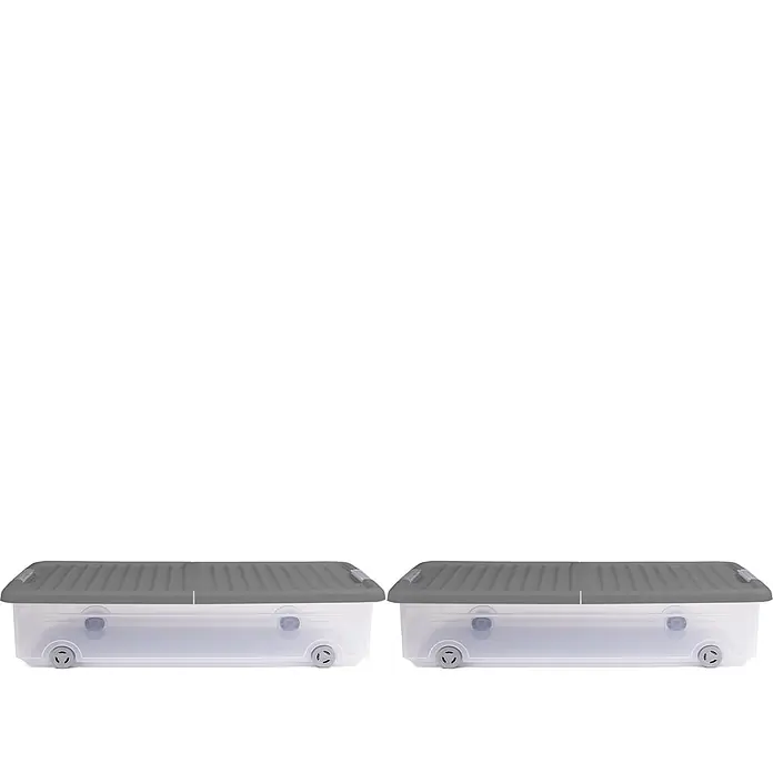 Ondis24 Unterbettbox - L x B x H: 74 x 37 x 16,5 cm, Kunststoff - Zwei transparente Unterbettaufbewahrungsboxen mit gerippten grauen Deckeln und Rollen.