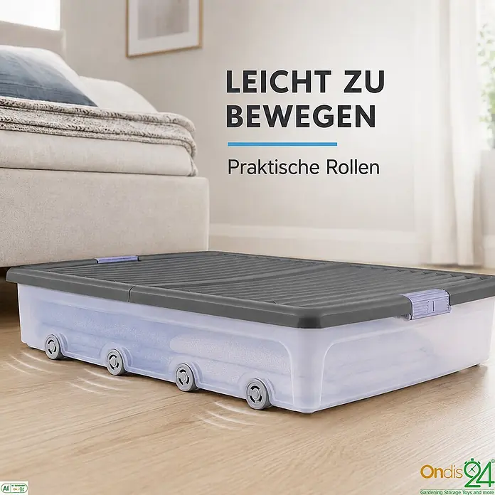 Ondis24 Unterbettbox - L x B x H: 79 x 58 x 17 cm, Kunststoff - Transparente Unterbett-Aufbewahrungsbox mit dunkelgrauem Deckel und Rollen, ordentlich unter einem Bett verstaut.