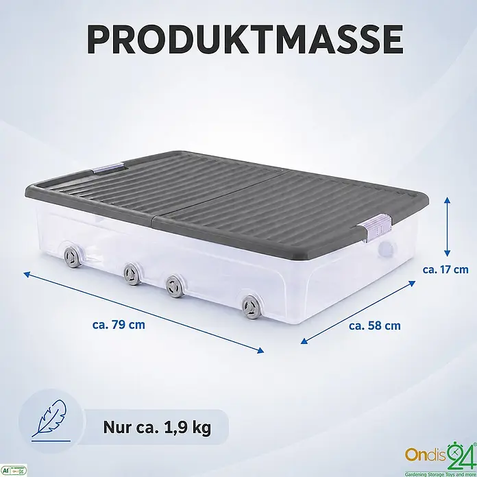 Ondis24 Unterbettbox - L x B x H: 79 x 58 x 17 cm, Kunststoff - Transparente Unterbett-Aufbewahrungsbox aus Kunststoff mit dunkelgrauem Deckel und Rollen. Ideal für platzsparende Organisation.