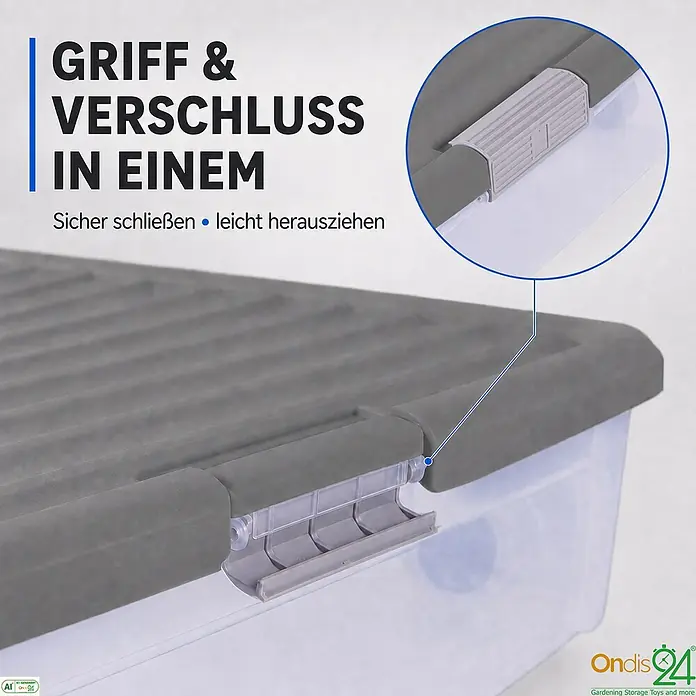 Ondis24 Unterbettbox - L x B x H: 79 x 58 x 17 cm, Kunststoff - Klare Aufbewahrungsbox mit grauem Deckel und integriertem Griff- und Verschlussmechanismus.
