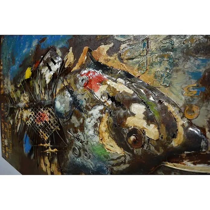 Bild Metall - Fisch, B x H: 120 x 80 cm - Mischtechnik-Kunstwerk, das einen Fisch darstellt, aus strukturierten Metallen, Farbe und Fundstücken in Erd- und leuchtenden Farben.