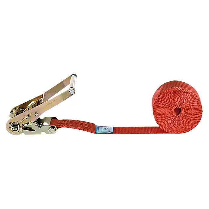 Conacord Correa de amarre - 8 m x 5 cm, Carga soportada: 2.000 kg, Una pieza, Con carraca - Correa de trinquete con lazo rojo enrollado. Perfecto para asegurar y fijar cargas durante el transporte, garantizando estabilidad y seguridad.