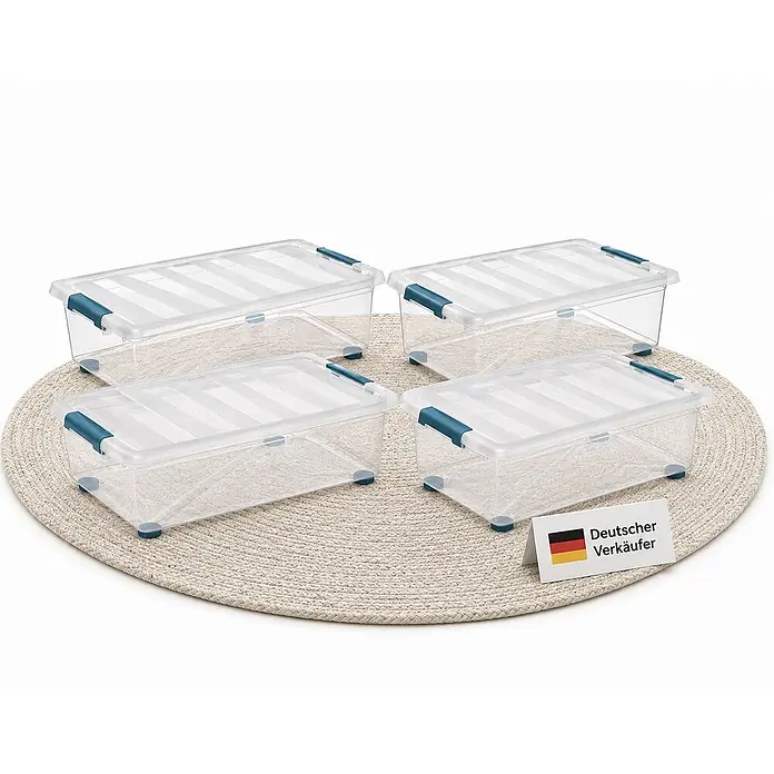 Ondis24 Aufbewahrungsbox-Set - L x B x H: 59 x 39 x 18,5 cm, Kunststoff, Transparent, 4 Stk. - Vier transparente Kunststoff-Aufbewahrungsboxen mit blauen Griffen und Verschlüssen.