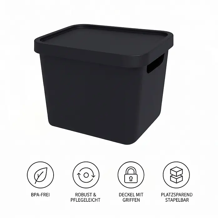 Plastard Aufbewahrungsbox-Set 2er-Set 12,5 Liter in Schwarz mit Deckel – Stapelboxen, Lagerboxen - L x B x H: 32 x 22 x 24 cm, Kunststoff, Schwarz, 2 Stk. - Mattschwarze Aufbewahrungsbox mit passendem Deckel und integrierten Seitengriffen, stapelbar.