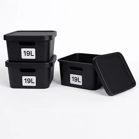 Plastard  Aufbewahrungsbox-Set 3er-Set 19 Liter in Schwarz mit Deckel – Stapelboxen, Lagerboxen