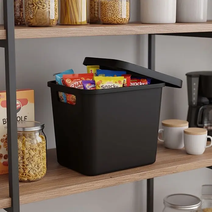 Plastard Aufbewahrungsbox-Set 2er-Set 12,5 Liter in Schwarz mit Deckel – Stapelboxen, Lagerboxen - L x B x H: 32 x 22 x 24 cm, Kunststoff, Schwarz, 2 Stk. - Schwarzer Kunststoff-Vorratsbehälter mit Deckel, gefüllt mit Snacks, auf einem Holzregal.