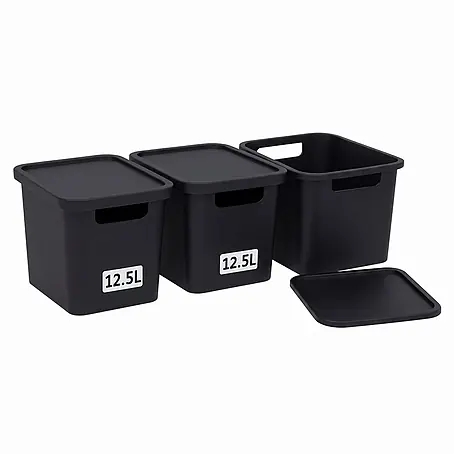 Plastard  Aufbewahrungsbox-Set 3er-Set 12,5 Liter in Schwarz mit Deckel – Stapelboxen, Lagerboxen