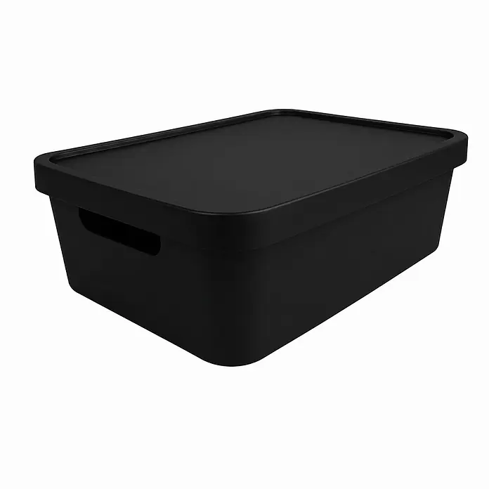 Plastard Aufbewahrungsbox-Set 3er-Set 19 Liter in Schwarz mit Deckel – Stapelboxen, Lagerboxen - L x B x H: 45,5 x 33,5 x 15,5 cm, Kunststoff, Schwarz, 3 Stk. - Schwarze Kunststoff-Aufbewahrungsbox mit Deckel und Griffaussparungen.