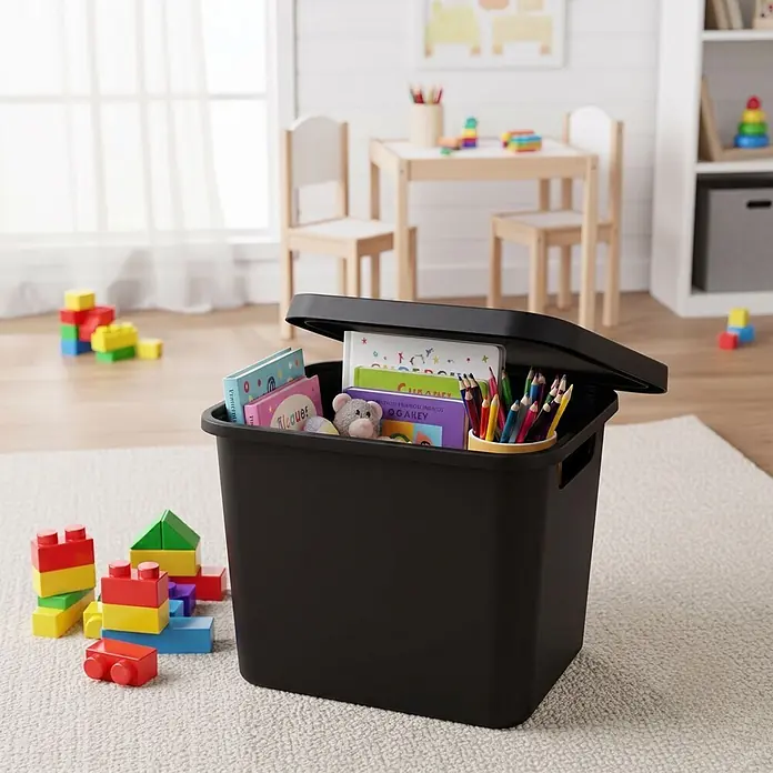 Plastard Aufbewahrungsbox-Set 2er-Set 12,5 Liter in Schwarz mit Deckel – Stapelboxen, Lagerboxen - L x B x H: 32 x 22 x 24 cm, Kunststoff, Schwarz, 2 Stk. - Schwarze Kunststoff-Aufbewahrungsbox mit offenem Deckel, gefüllt mit Kinderbüchern, Stiften und Plüschtier. Bausteine liegen auf dem Teppich.