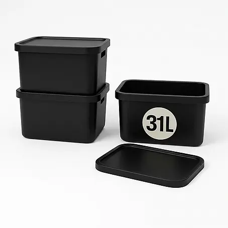 Plastard  Aufbewahrungsbox-Set 3er-Set 31 Liter in Schwarz mit Deckel – Stapelboxen, Lagerboxen