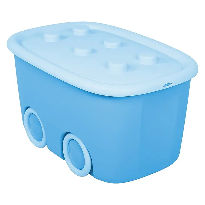 Ondis24 Aufbewahrungsbox-Set - L x B x H: 52 x 38,5 x 32 cm, Kunststoff, Blau, 2 Stk. - Blaue Kunststoff-Aufbewahrungsbox mit Rädern und hellblauem Noppendeckel, als Spielzeugfahrzeug oder stapelbare Aufbewahrung.