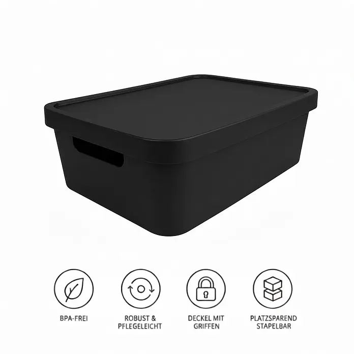Plastard Aufbewahrungsbox-Set 2er-Set 19 Liter in Schwarz mit Deckel – Stapelboxen, Lagerboxen - L x B x H: 45,5 x 33,5 x 15,5 cm, Kunststoff, Schwarz, 2 Stk. - Schwarze Kunststoff-Aufbewahrungsbox mit Deckel und integrierten Griffen.