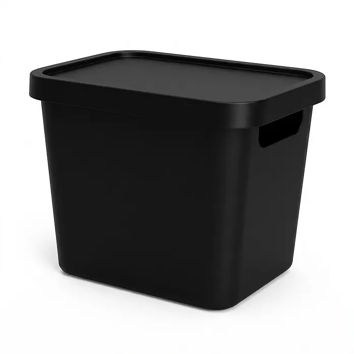 Plastard Aufbewahrungsbox-Set 4er-Set 12,5 Liter in Schwarz mit Deckel – Stapelboxen, Lagerboxen - L x B x H: 32 x 22 x 24 cm, Kunststoff, Schwarz, 4 Stk. - Schwarze rechteckige Aufbewahrungsbox mit passendem Deckel und integrierten seitlichen Griffen.