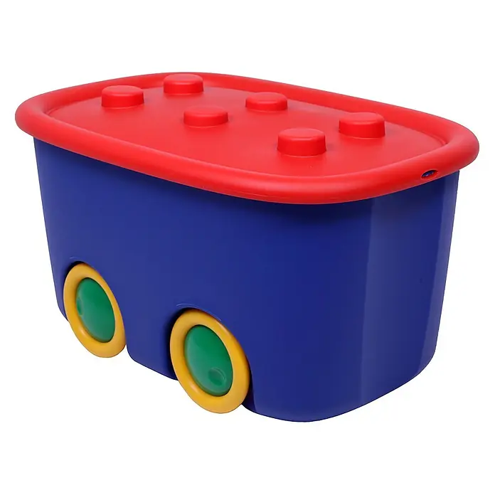 Ondis24 Aufbewahrungsbox-Set - L x B x H: 52 x 38,5 x 32 cm, Kunststoff, Blau, 2 Stk. - Blaue Spielzeug-Aufbewahrungsbox mit rotem Deckel mit großen Bausteinnoppen und gelb-grünen Rädern.