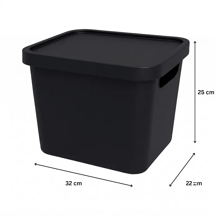 Plastard Aufbewahrungsbox-Set 4er-Set 12,5 Liter in Schwarz mit Deckel – Stapelboxen, Lagerboxen - L x B x H: 32 x 22 x 24 cm, Kunststoff, Schwarz, 4 Stk. - Schwarze rechteckige Kunststoff-Aufbewahrungsbox mit Deckel und Griffen. Maße: 32x22x25 cm.